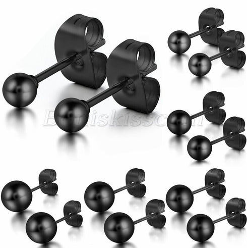 6Pairs 316L Surgical Steel Black Ball Round 3/4/5/6/7/8mm Men Women Stud Earring